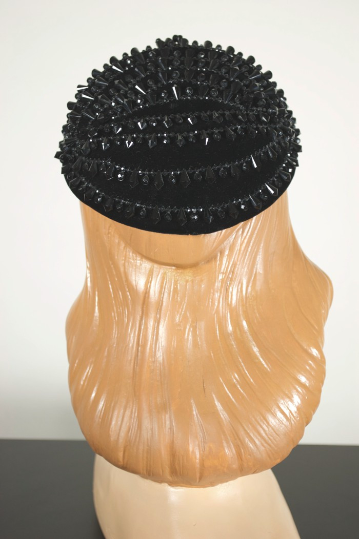 Black velvet mini pillbox hat 1960s spiky beading display picture 1