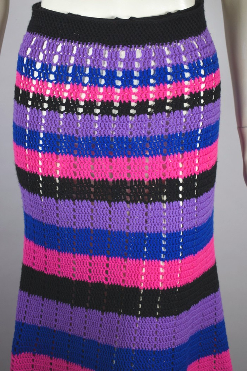 スカート 70s Crochet Knit Wool Skirt Colorful stripes crochet wool knit 70s maxi skirt XS-S