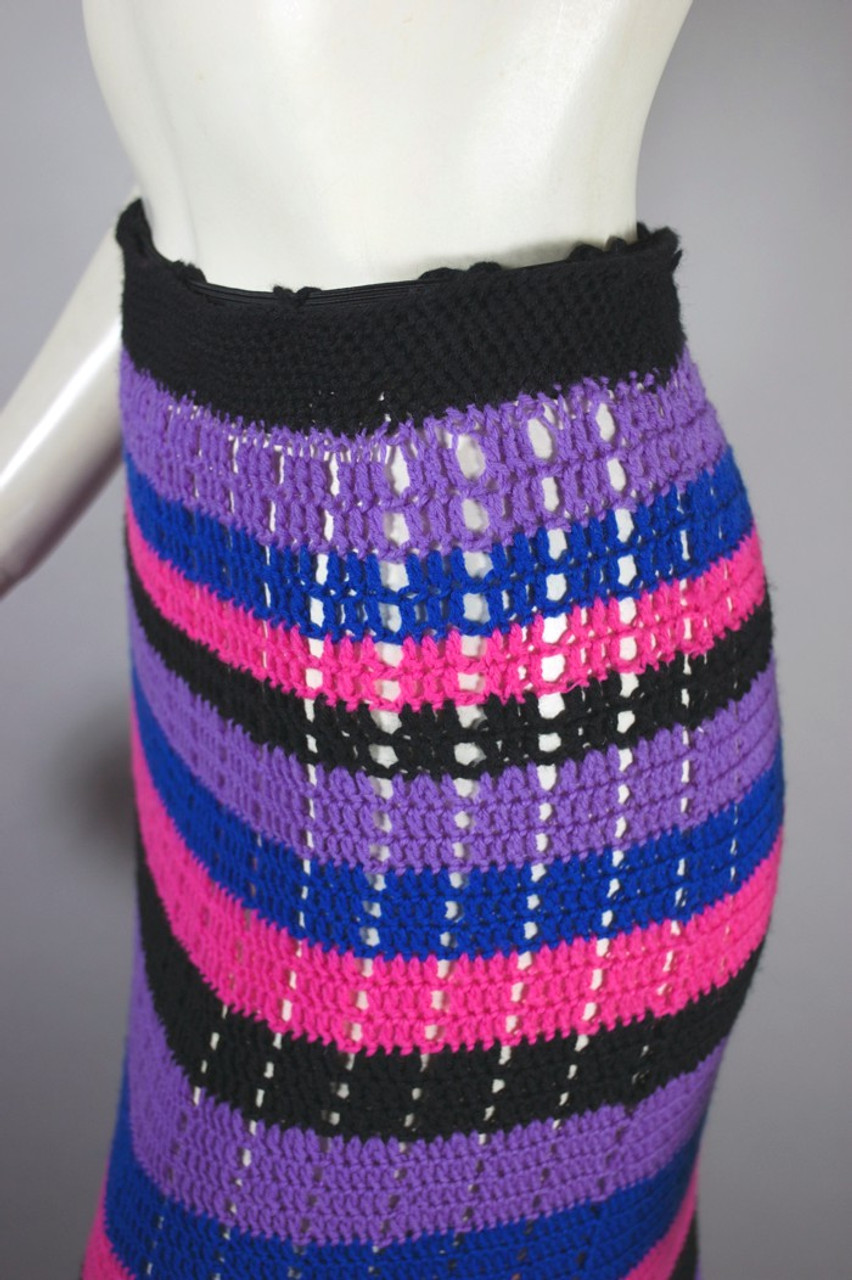 Colorful stripes crochet wool knit 70s maxi skirt XS-S