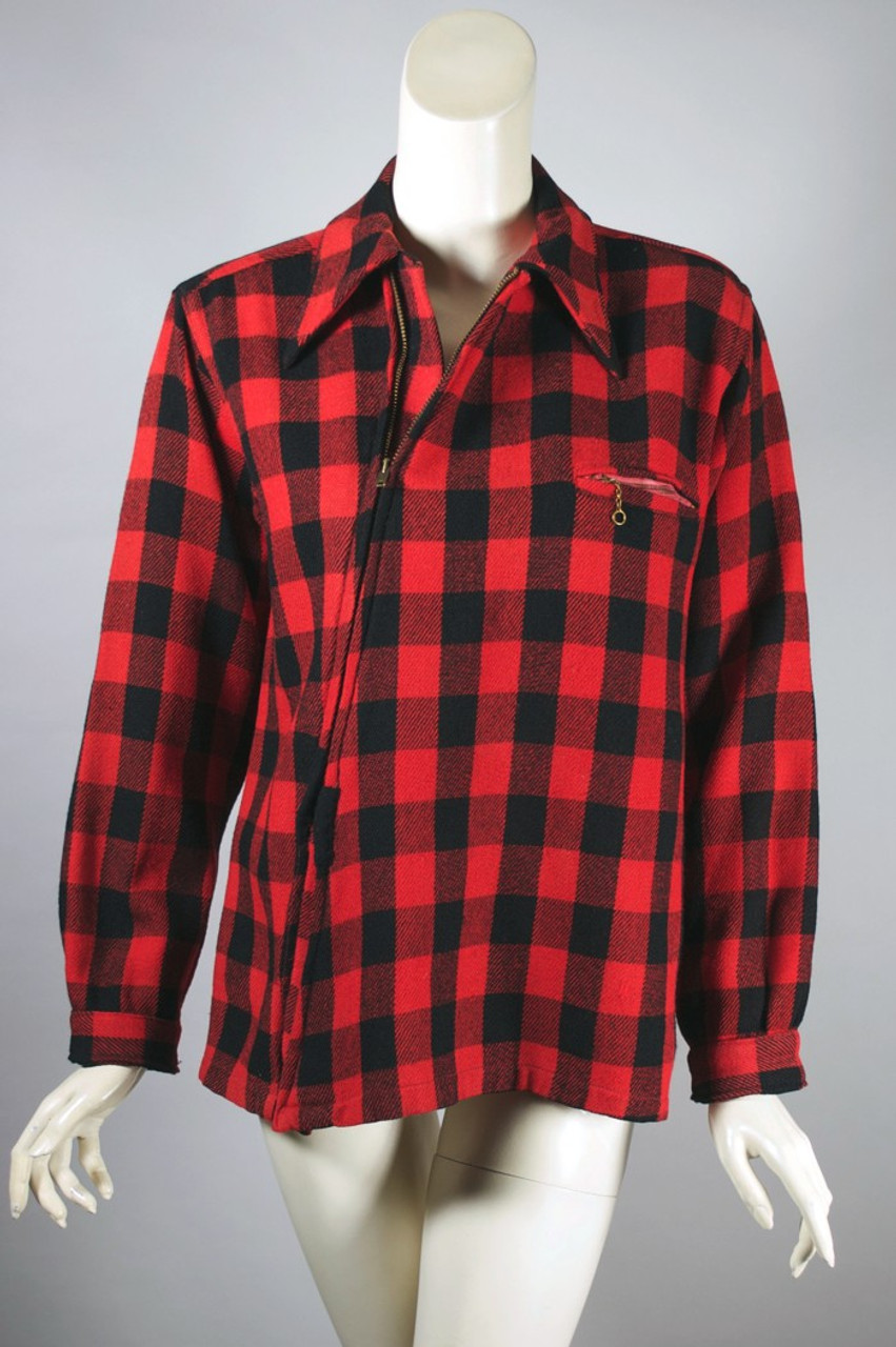 Red black buffalo plaid wool 1930s 40s shirt-jacket unisex S-M