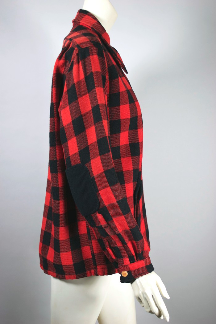 Red black buffalo plaid wool 1930s 40s shirt-jacket unisex S-M