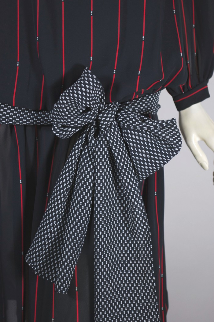 Arrows novelty print Black red pinstripe chiffon dress 1980s S