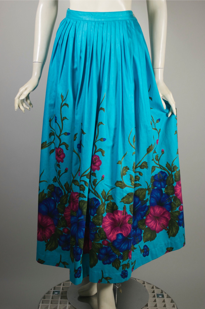 Aqua hibiscus border print Hawaiian dress 2-piece 1950s 60s XS-S