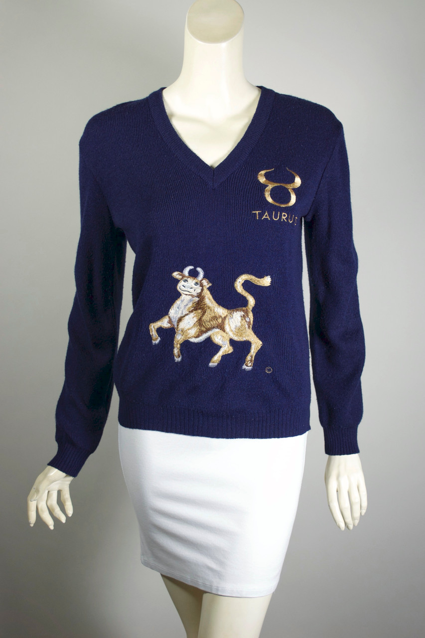 Taurus astrological sign navy V-neck embroidered sweater 70s S-M