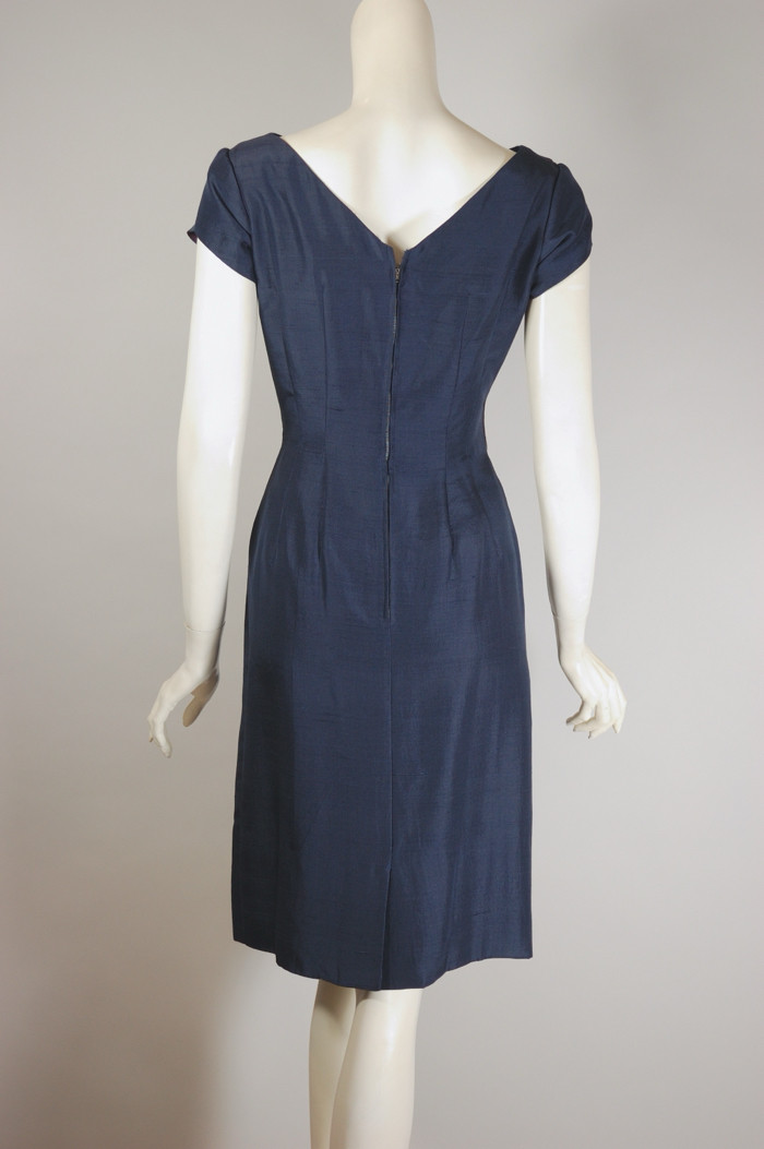 Navy blue cocktail dress 1950s 60s hourglass rose trim XS-S