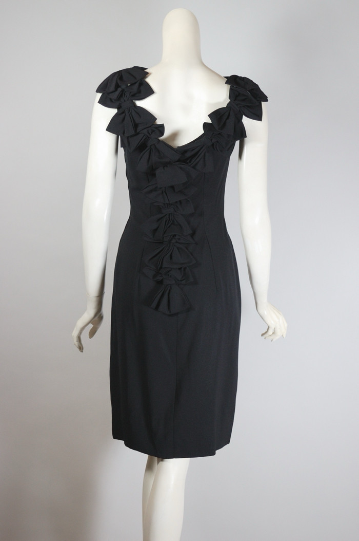 Early 1960s Lbd Bows Trim Hourglass Black Cocktail Dress Xs