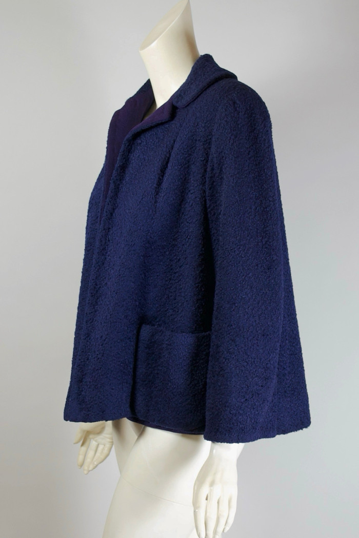 Dark blue nubby wool swing jacket 1940s 50s cropped coat S-M