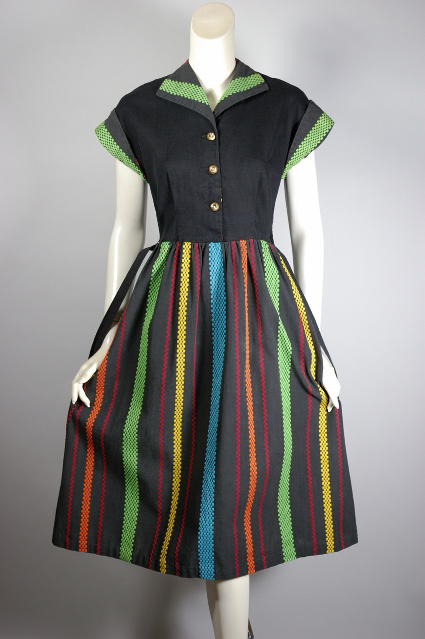 Black colorful stripe cotton dress late 1940s early 1950s XS