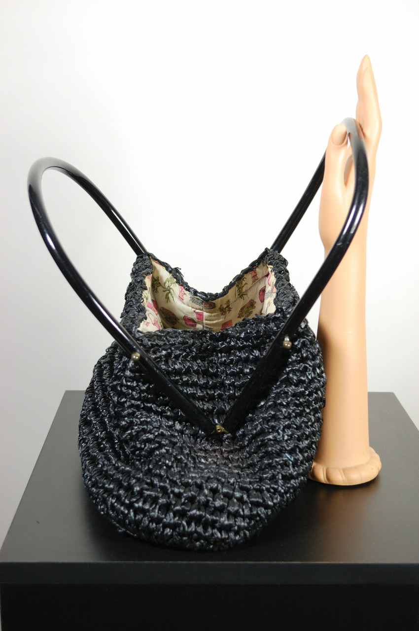 Morris Moskowitz 1960s bag large black crochet straw top handle purse