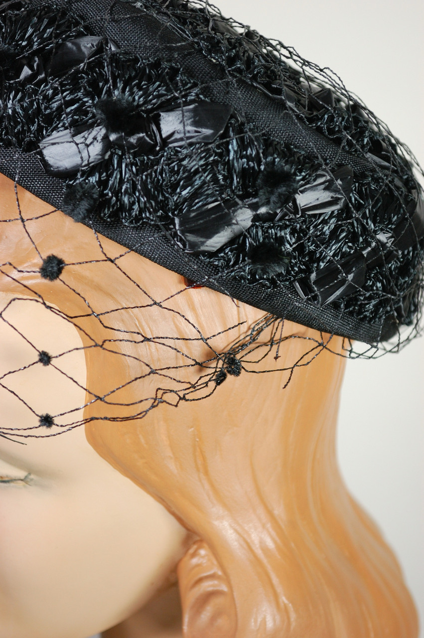 Black raffia straw 1960s mini pillbox hat with polka dotted veil