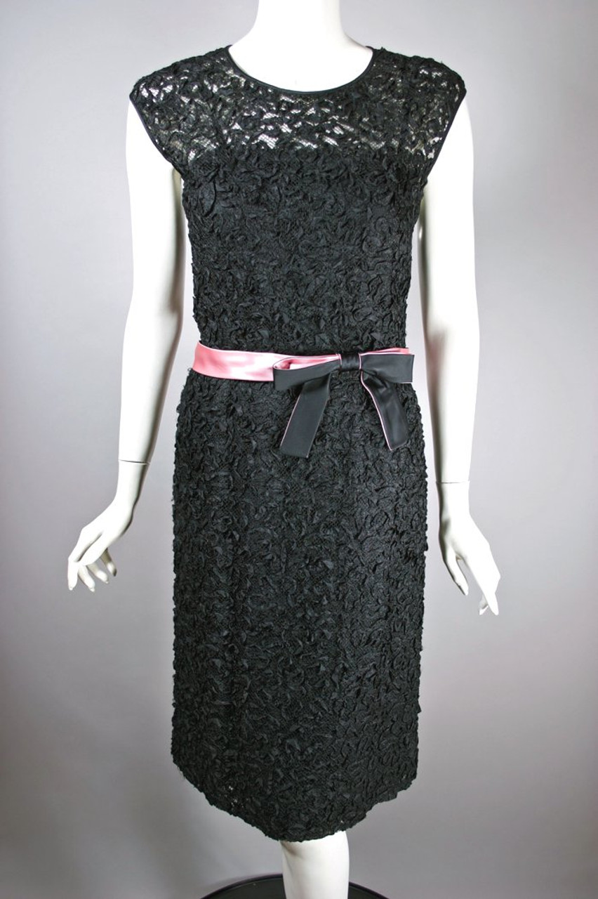 Black Ribbon Mesh 1960s Cocktail Dress Bow Belt | S