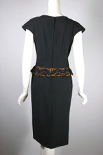 Black wool cocktail dress 1950s amber velvet beaded trim 28-29 waist