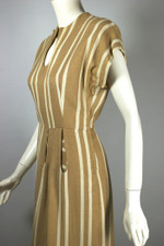 Late 1940s day dress gold ivory stripe rayon 34 inch bust 26 waist XS-S