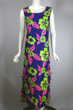 Neon Hawaiian floral print cotton 1960s dayglo tiki shift maxi dress M