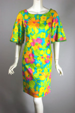 Neon dayglo bright floral print cotton 1960s shift dress Barbiecore XS