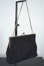 Black glass beaded handbag 1960s evening bag purse floral design