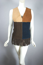 Fringed suede vest 1960s color blocked brown blue leather ladies XS S