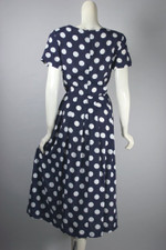 Oleg Cassini Princess Diana style dress late 80s navy white polka dots S 26 waist