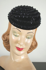 Goth spiky beaded trim 1960s black velvet mini pillbox hat