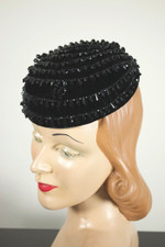 Goth spiky beaded trim 1960s black velvet mini pillbox hat
