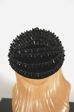 Goth spiky beaded trim 1960s black velvet mini pillbox hat