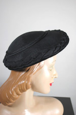 early 1950s ladies womens hat black fabric braid trim domed saucer brim