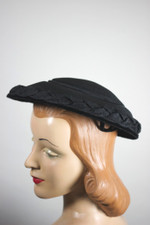 early 1950s ladies womens hat black fabric braid trim domed saucer brim