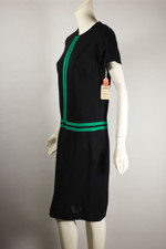 Deadstock jersey knit 1960s dress black emerald green stripe M L 42 inch bust and hips