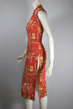French horns novelty print red cotton 1950s Hawaiian dress tunic cheongsam XS-S 27 waist