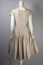 floral embroidery 1950s cotton day dress full skirt pink tan cotton 27 28 inch waist