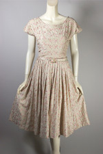 floral embroidery 1950s cotton day dress full skirt pink tan cotton 27 28 inch waist