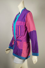 reversible travel jacket safari style patch pockets 80s ladies S-M cotton bright pink blue