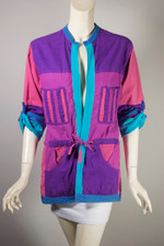 reversible travel jacket safari style patch pockets 80s ladies S-M cotton bright pink blue