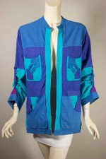 reversible travel jacket safari style patch pockets 80s ladies S-M cotton bright pink blue