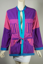 reversible travel jacket safari style patch pockets 80s ladies S-M cotton bright pink blue