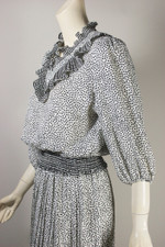 Black white polka dots stripes 80s dress secretary ruffles XS-S Diane Freis style