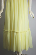 Lemon yellow sheer nylon lace trim 70s maxi dress party prom prairie style XS 32 bust