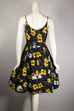 vintage 1950s pin-up sundress black gold white floral cotton pique XS 24 25 inch waist