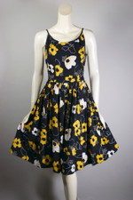 vintage 1950s pin-up sundress black gold white floral cotton pique XS 24 25 inch waist