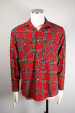 Wrangler western shirt 1970s mens M red plaid pearl snaps cowboy style
