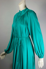 teal polyester jersey knit 1970s disco dress modest high neck midi length M