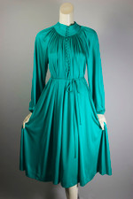 teal polyester jersey knit 1970s disco dress modest high neck midi length M