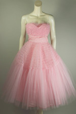 1950s 1960s party dress strapless sweetheart bodice full skirt pastel pink ruffle tulle XS 25 inch waist