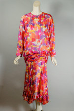 bright colorful floral print silk party dress tea length garden party 80s S-M drop waist