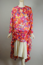 bright colorful floral print silk party dress tea length garden party 80s S-M drop waist