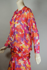 bright colorful floral print silk party dress tea length garden party 80s S-M drop waist