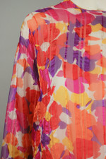 bright colorful floral print silk party dress tea length garden party 80s S-M drop waist