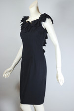 LBD early 1960s wiggle sheath dress XS bows trim black rayon 26 inch waist