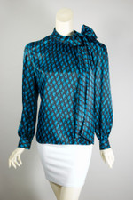 working girl 1980s top blouse puff sleeves pussy bow black aqua print satin S to M 40 inch bust working girl 1980s top blouse puff sleeves pussy bow black aqua print satin S to M 40 inch bust