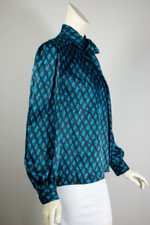 working girl 1980s top blouse puff sleeves pussy bow black aqua print satin S to M 40 inch bust working girl 1980s top blouse puff sleeves pussy bow black aqua print satin S to M 40 inch bust